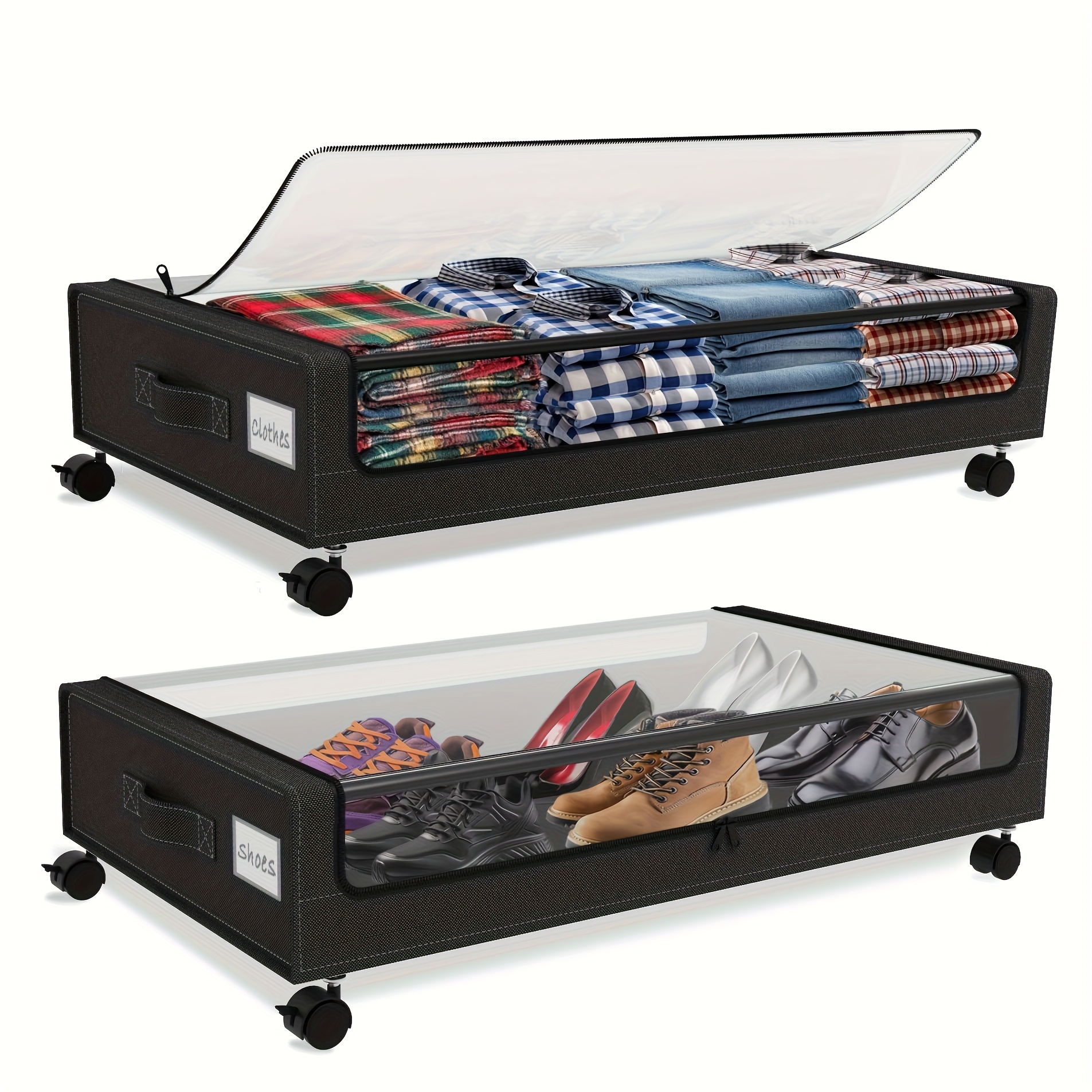 TEMU Under Bed Storage With Wheels, 2-pack Under The Bed Storage Containers With Clear Lids & Label, Underbed Storage Bins, Xxl 70l Rolling Metal