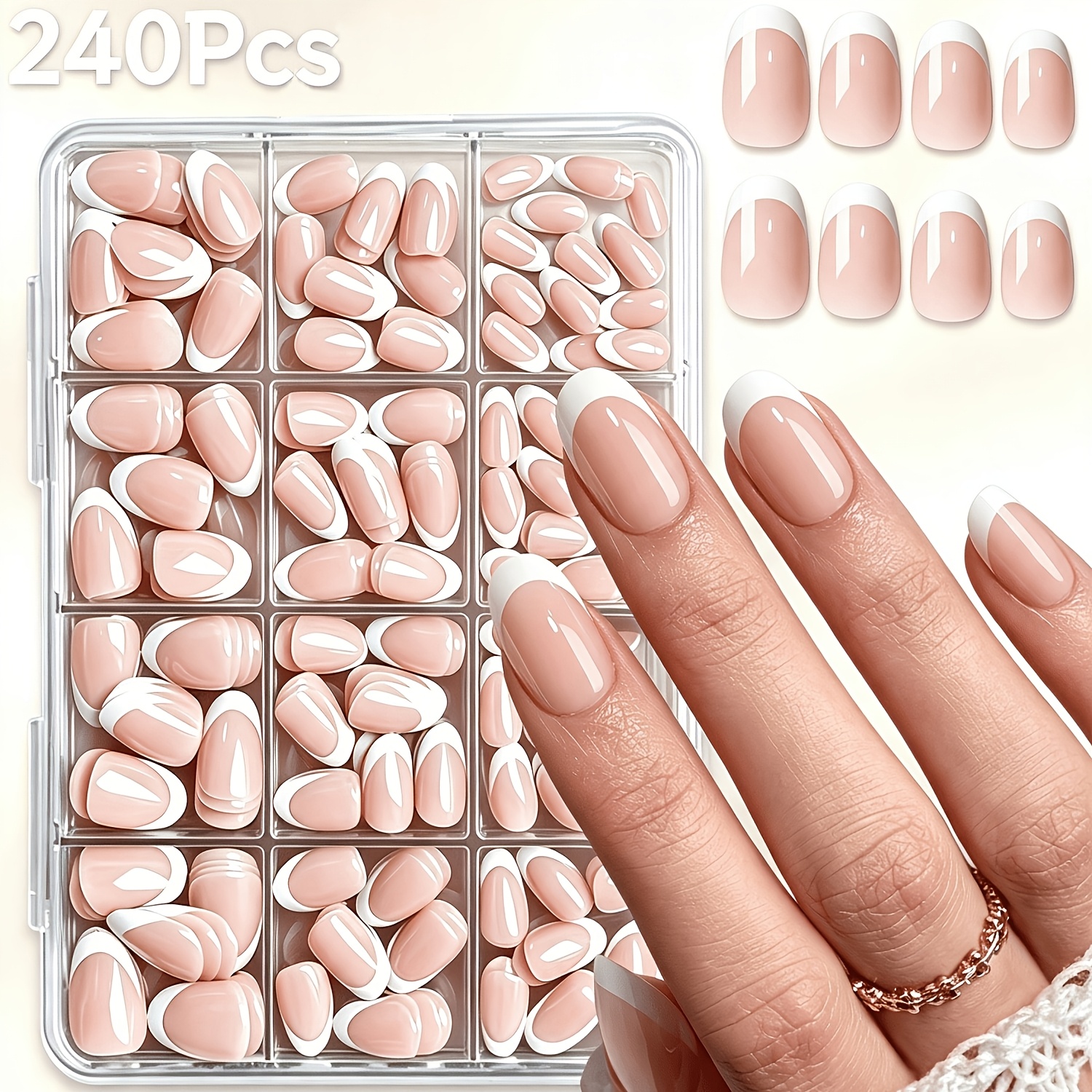 TEMU 240 faux ongles ovales brillants de style français, faciles à poser et , couverture complète, amovibles et brillants, parfaits quotidienne des