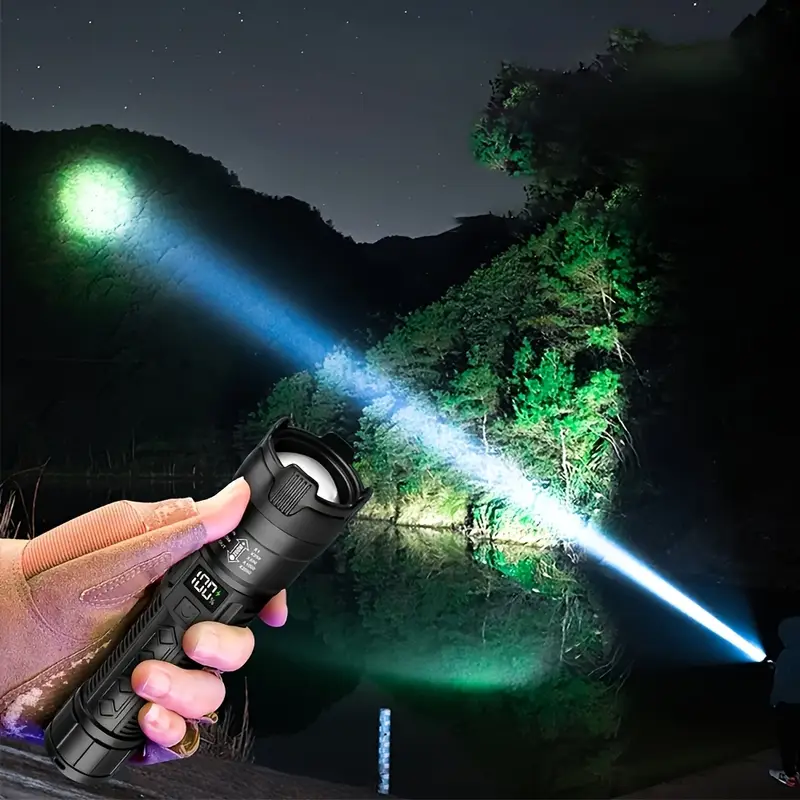 set of 2 rechargeable led torches with adjustable zoom and battery level display featuring options suitable for outdoor activities camping work and emergency details 2