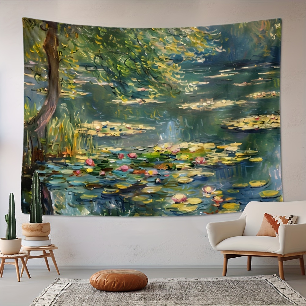 

Landscape Water Lilies Oil Painting Tapestry, Polyester Wall Hanging Art, Indoor Bedroom Decor, Green Scenery Woven Home Accessory, Home - 1pc