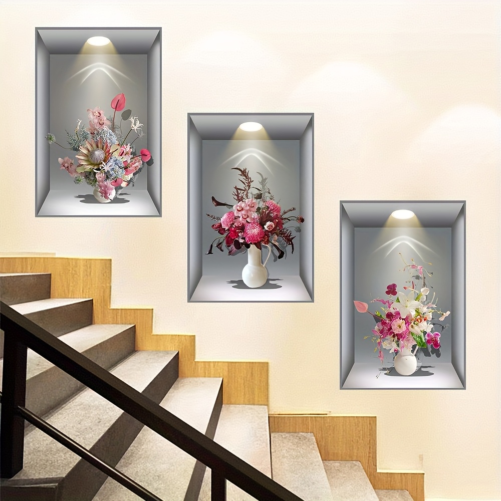 Image of 3pcs Set Of Simulated Green Plant Wall Stickers - Self-adhesive Vinyl Stickers, Suitable For Home And Office Decoration, Covering Stains