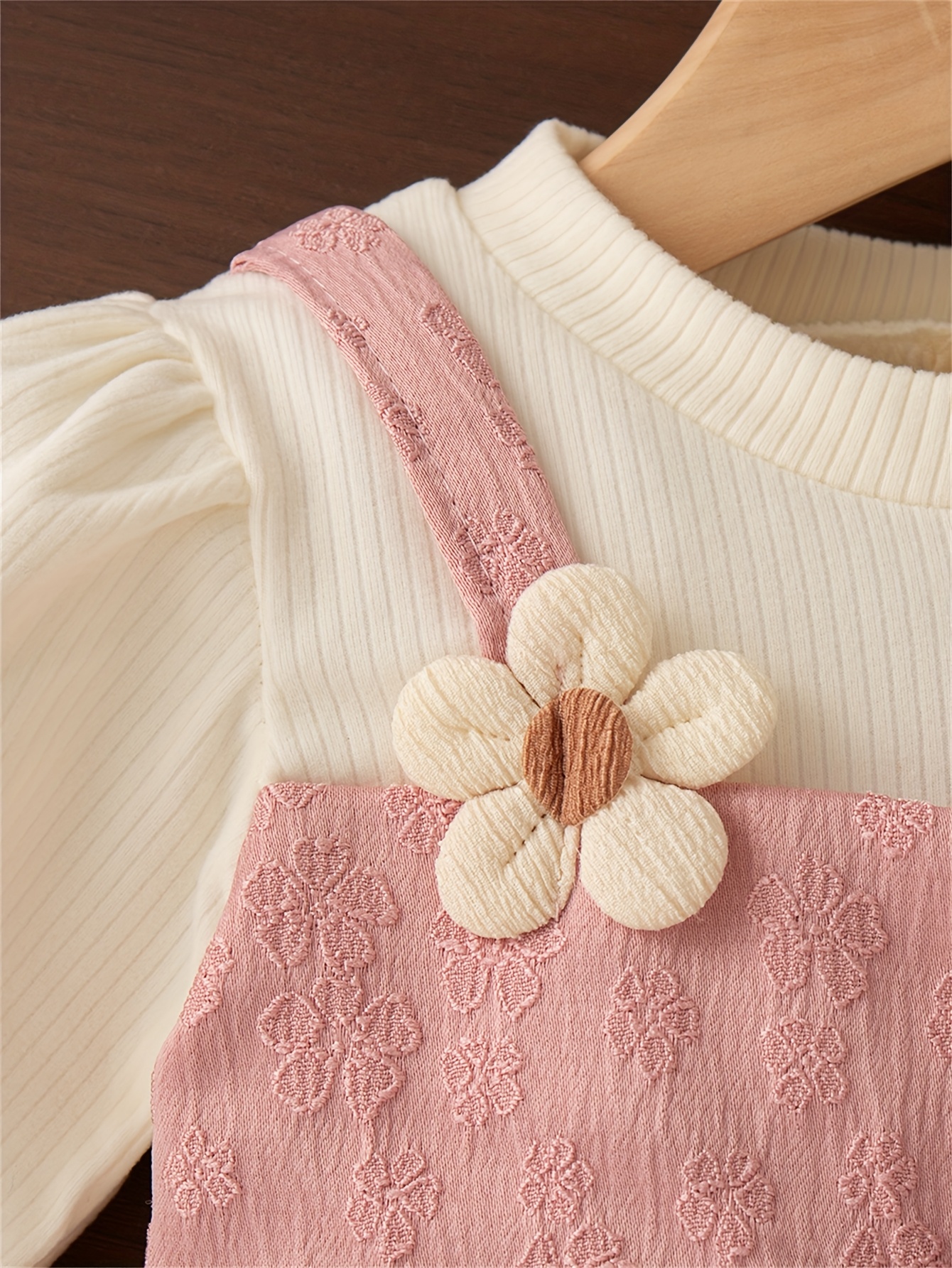 new   for baby girls featuring a faux two piece long sleeve dress with a flower bud design floral embroidery   color and a bow tie button   wedding flower girls Product details 2