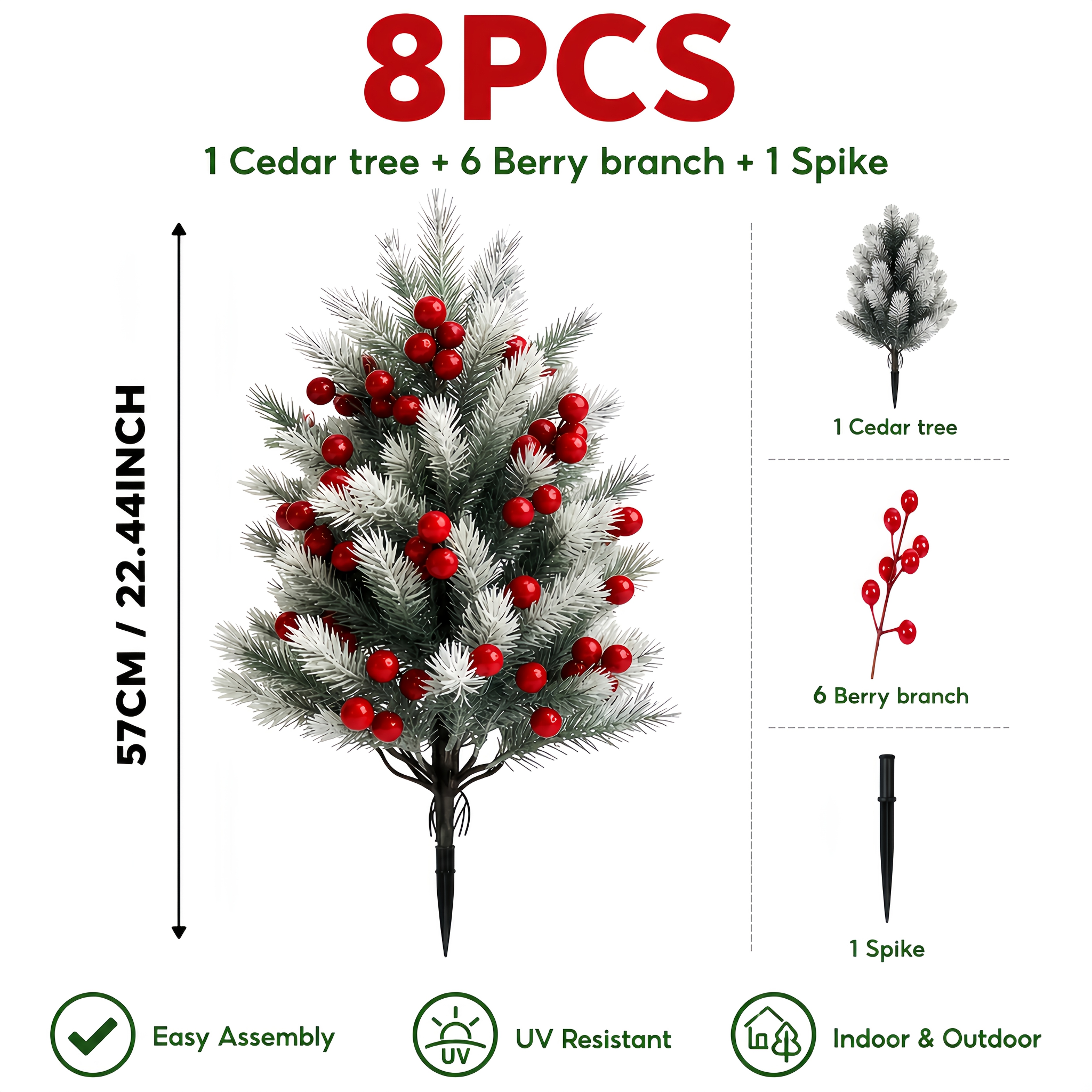 TEMU 8pcs Large Artificial Cedar With Red Berries Tree Set - 1 Tree   6 Red Berries   1 . Suitable For Garden And Courtyard Holiday Decorations,
