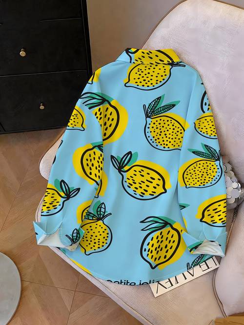 camisa de larga con estampado de limón 2026 para mujer, estilo casual de vacaciones, conjunto de moda para