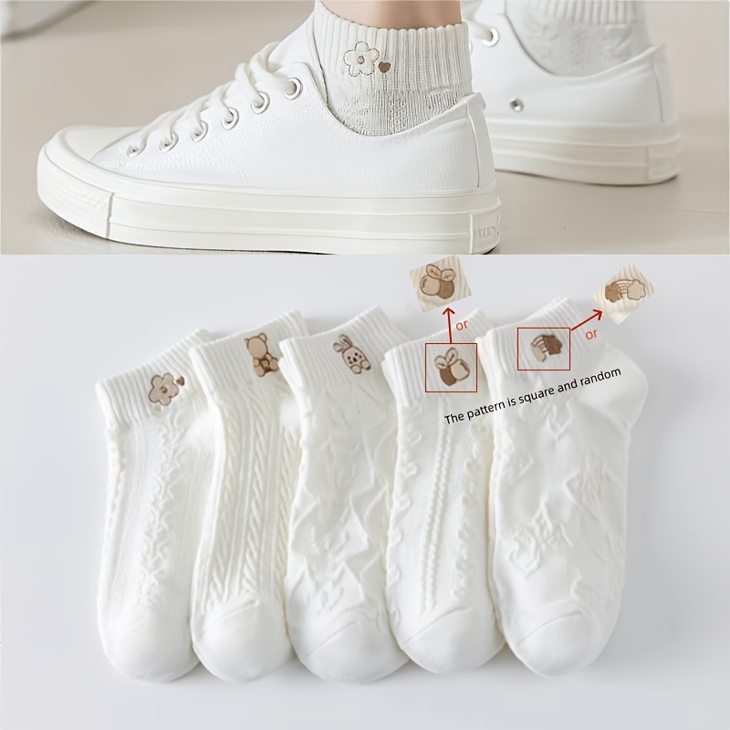E-shop 5 Paar Damen-Knöchelsocken mit Cartoon-Bär- geometrischem Muster – Atmungsaktive, weiche, maschinenwaschbare Freizeitsocken, niedliches