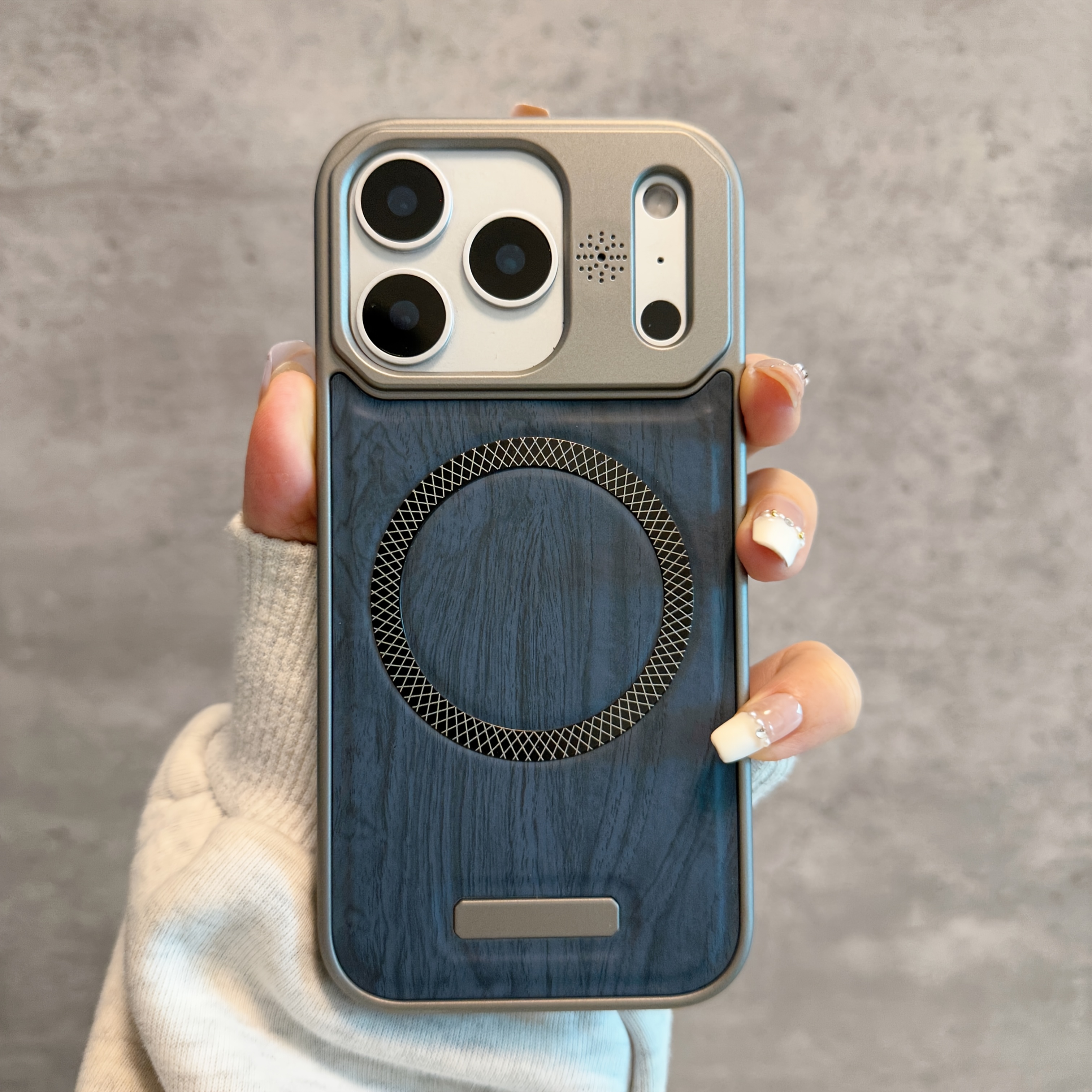 TEMU Coque de téléphone - Nouvelle coque cadre Wood Grain, couverture de téléphone portable à succion magnétique, coque de téléphone portable à