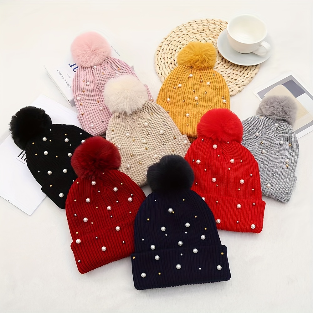 

Faux Pearl Beanie With Pom Pom, Winter Warm Knit Hats, Double-sided Solid Color Versatile Elastic Hat