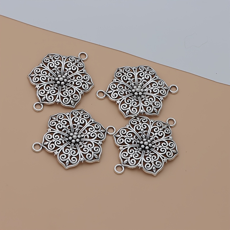 4pcs Flower Connector Ancient Silvery Flower Charms, Alloy Flower Connector Flower Charms For Jewelry Making Ideal For Bracelets And Necklaces Earrings Crafting Additions