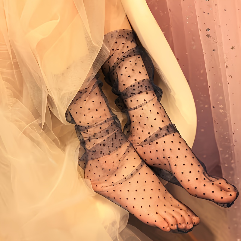 1 Pair - Women's Tulle Polka Dot Lace Fishnet Stockings, Ultra-thin And Breathable For Spring/summer, Suitable For Dance , Bachelorette Parties, And Nightlife, Lace Socks, Nightclub Accessories