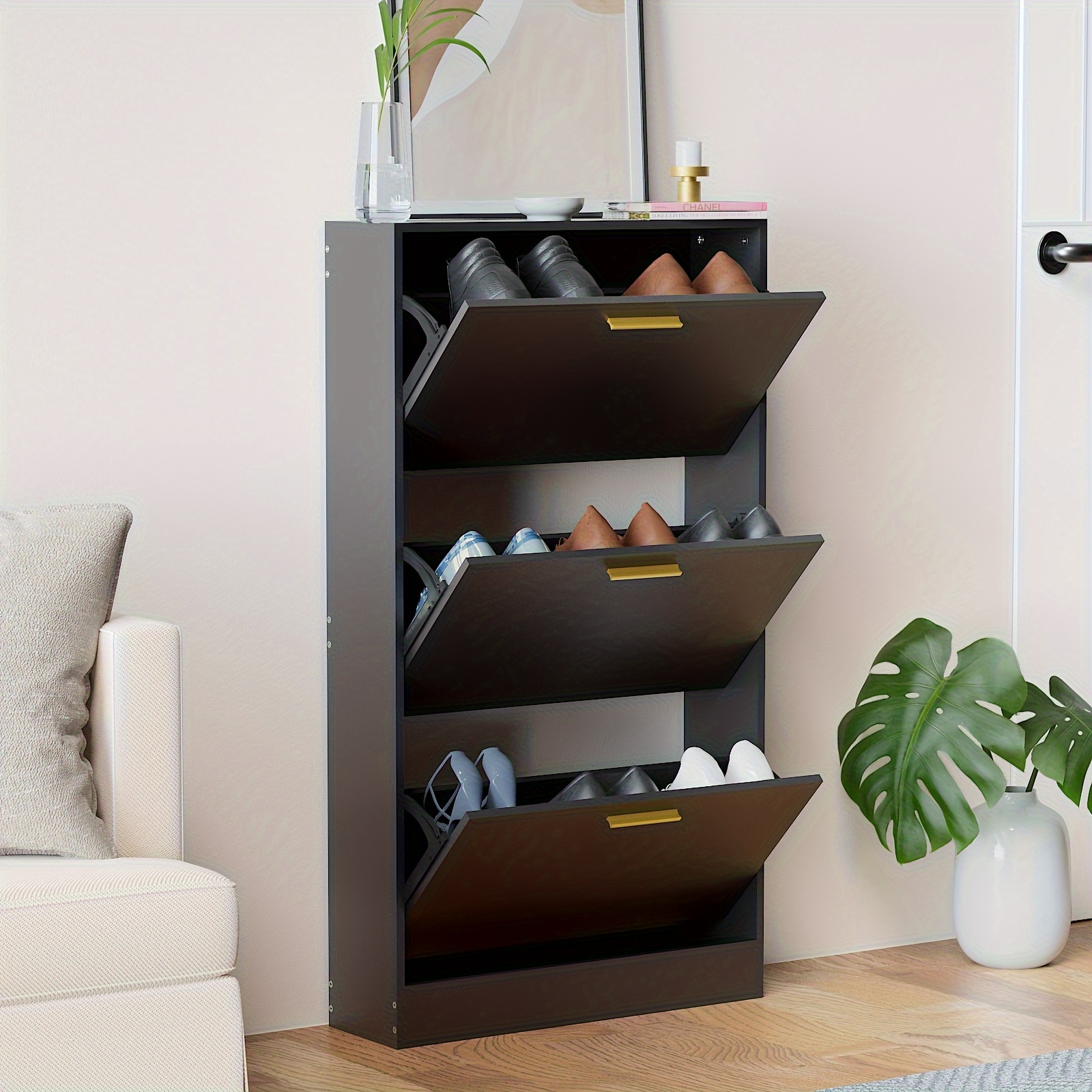 

1pc 3 Tier Shoe Storage Cabinet Small Space Organizer Modern Room Entryway Shoe & Boot Cabinet