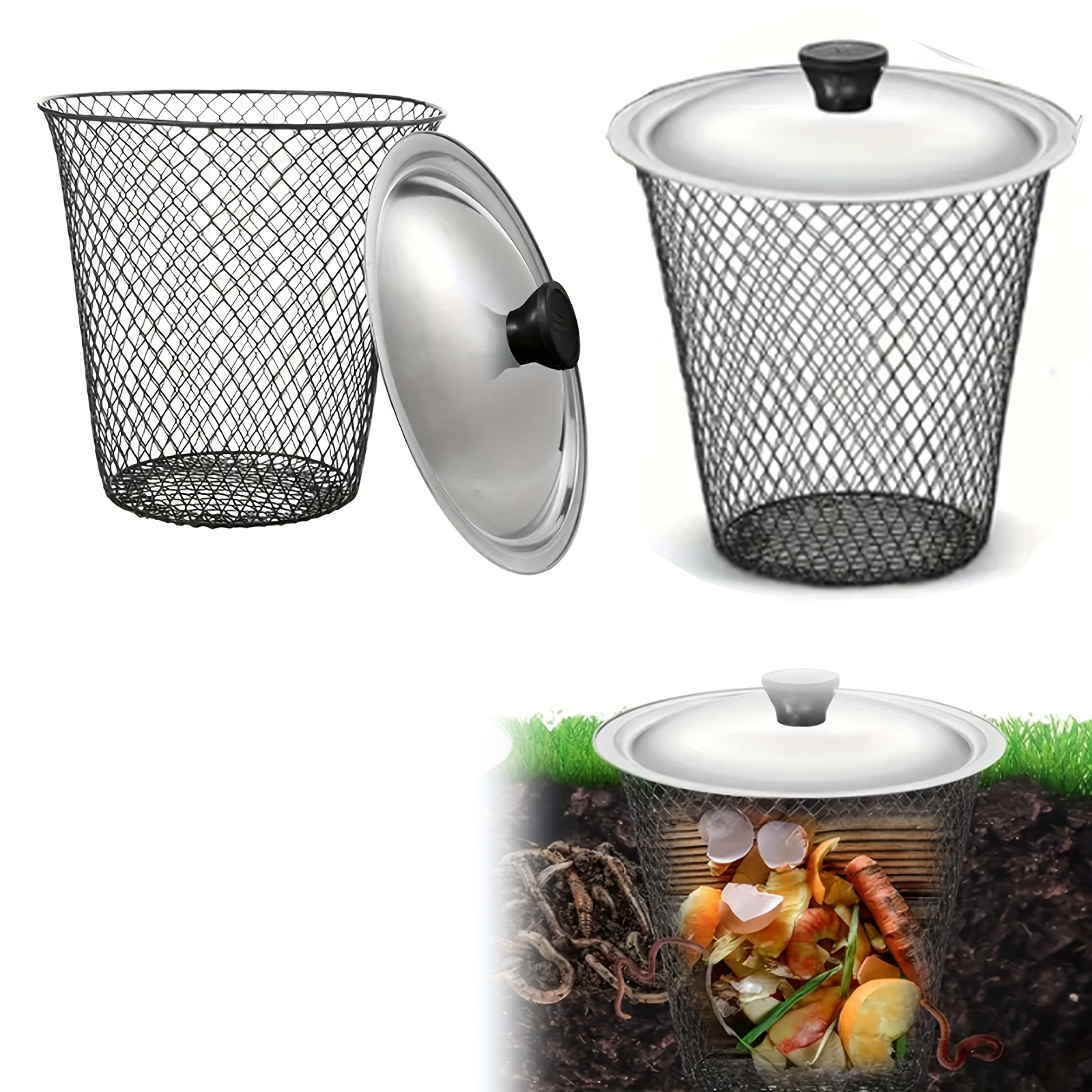 Image of 2pcs In-ground Worm Compost Bins, 9.1 X 9.1 X 5.9 Inches, Sturdy Metal With Lid, Mini Garden Worm Composter For Outdoor Gardening, Handles Kitchen Food Waste