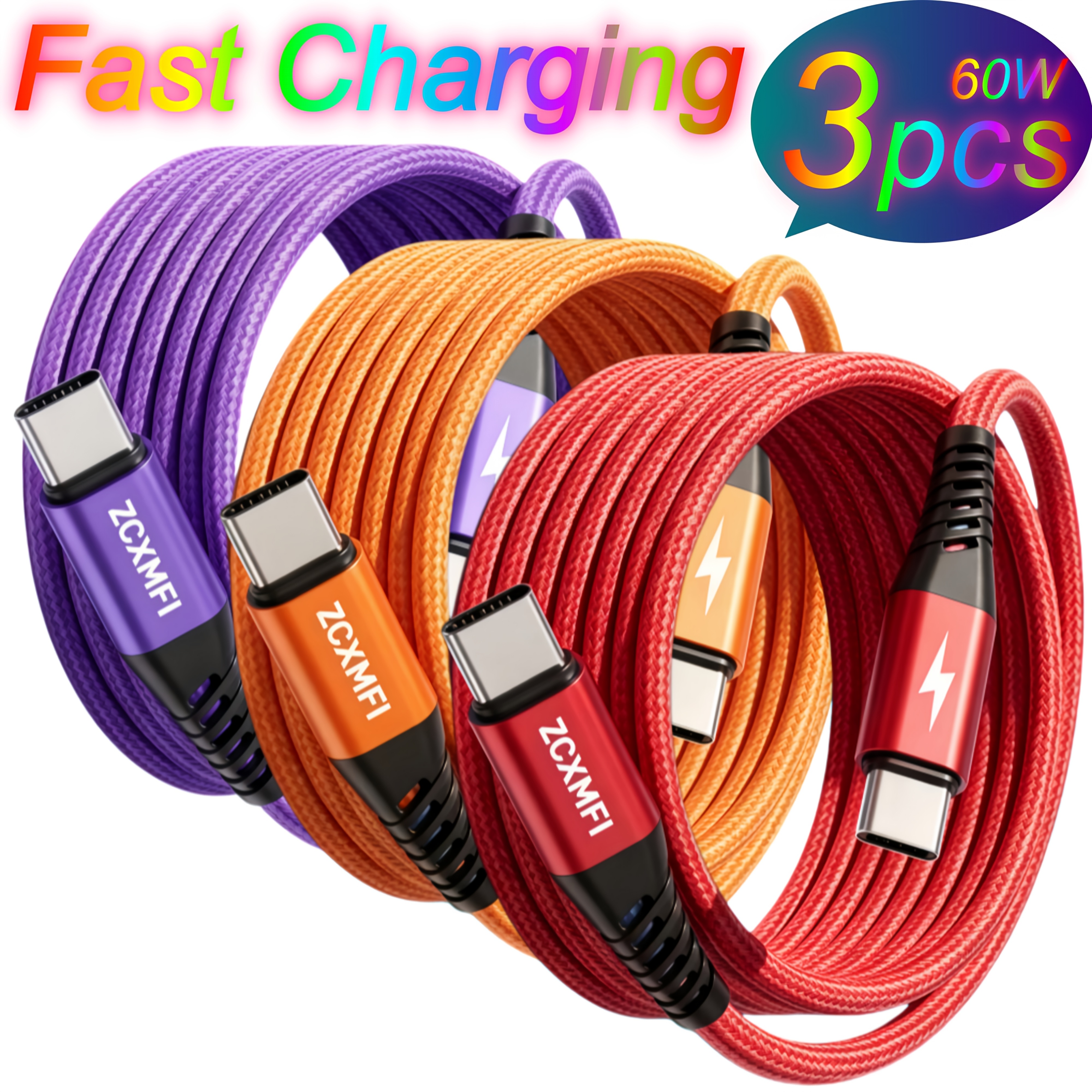 TEMU ZCXMFI Juego de 3 cables de carga súper rápida, cable de de interfaz tipo C a tipo C, compatible con for Samsung/MacBook/iPad y otros
