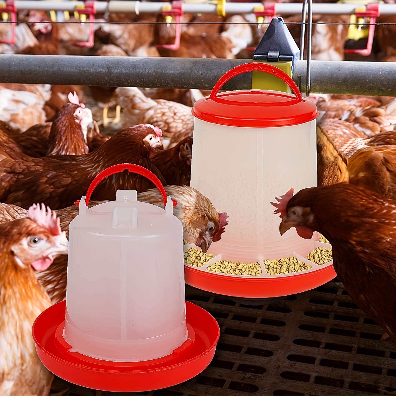 

2pcs Chicken Feeder & Waterer Set - 5.5lb Capacity, Red Plastic, Easy To Clean, With Lid & Handle For Outdoor Poultry Systems, Chicken Accessories