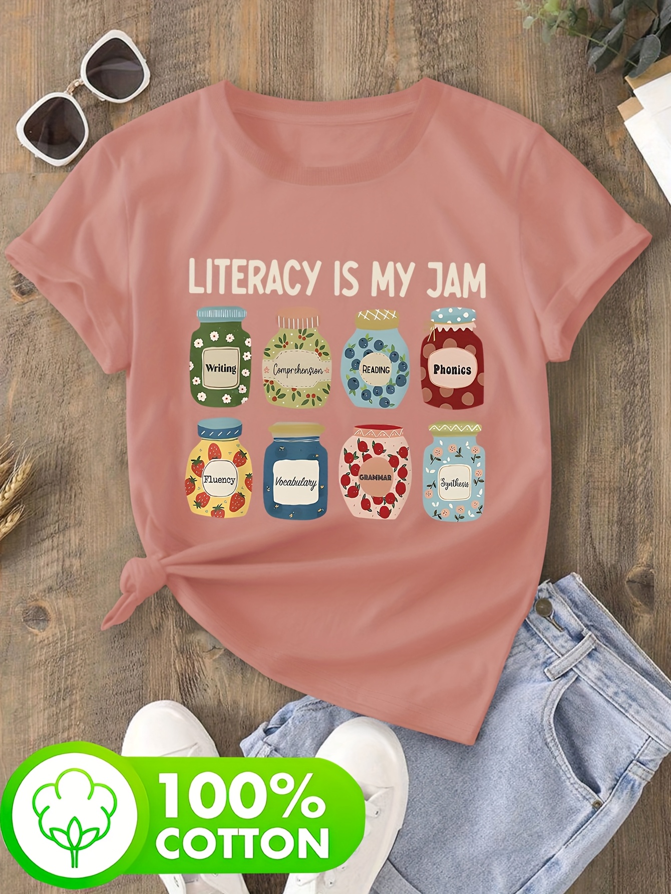 womens literacy is my jam graphic tee soft 100 casual t shirt with colorful learning spaces design   teachers readers educators spring summer fashion essential teacher appreciation gift     texture