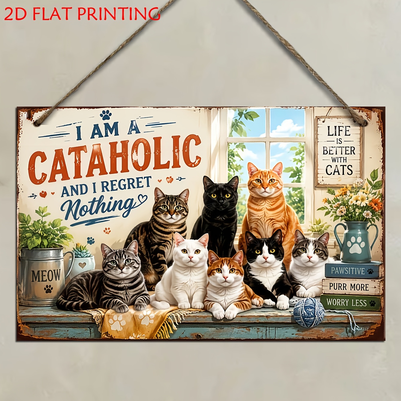 TEMU 2D Plat, Houten Decoratief Bord & Plaquette, I Cataholic Kattenliefhebber Plaquette, Grappig Katten Decoratief Bord, Vintage Muurkunst voor Huis