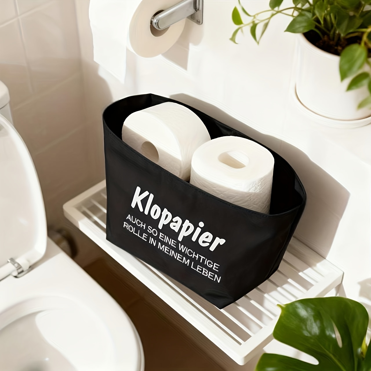 Image of Funny Toilet Paper Holder - No Installation Needed, Space- Bathroom Organizer With Roll Dispenser, Hygienic & Cord-, Durable Burlap Material, Black - Perfect For Decor, Toilet Paper Storage