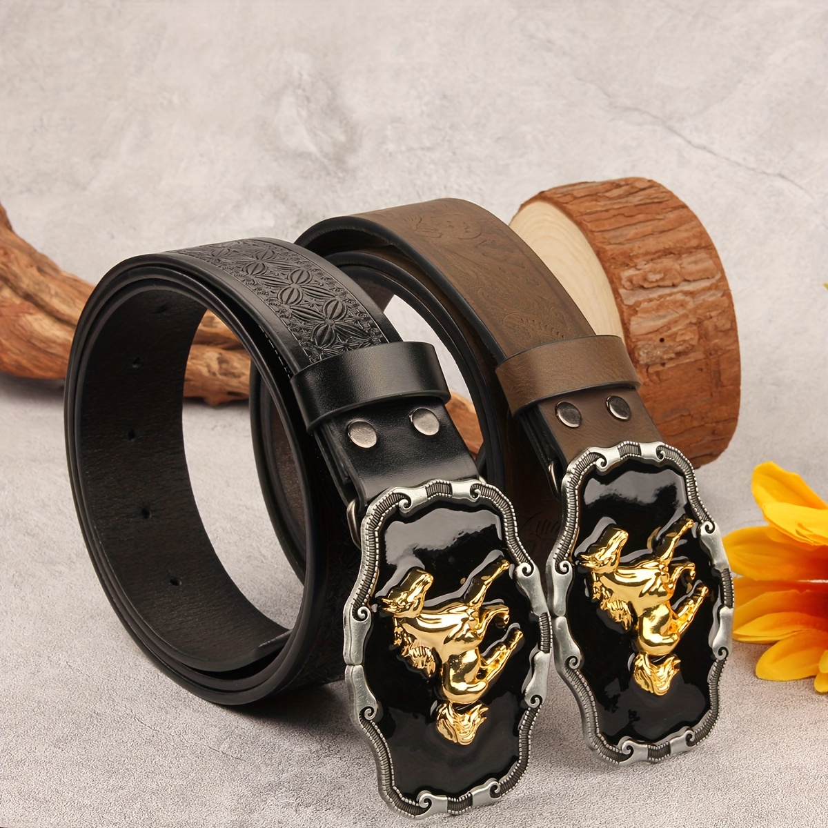 Men's Western Wide Belt with Perforated Buckle Pattern