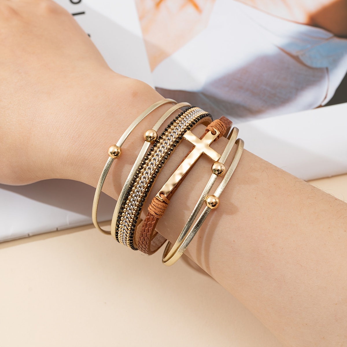 Image of 1 Bohemian-style Unisex Pu Multi-strand Combination Cross Bracelet With A Fashionable Magnetic Clasp, A Perfect Piece Of Jewelry Suitable For Family Gatherings, Daily Wear, And Gifting