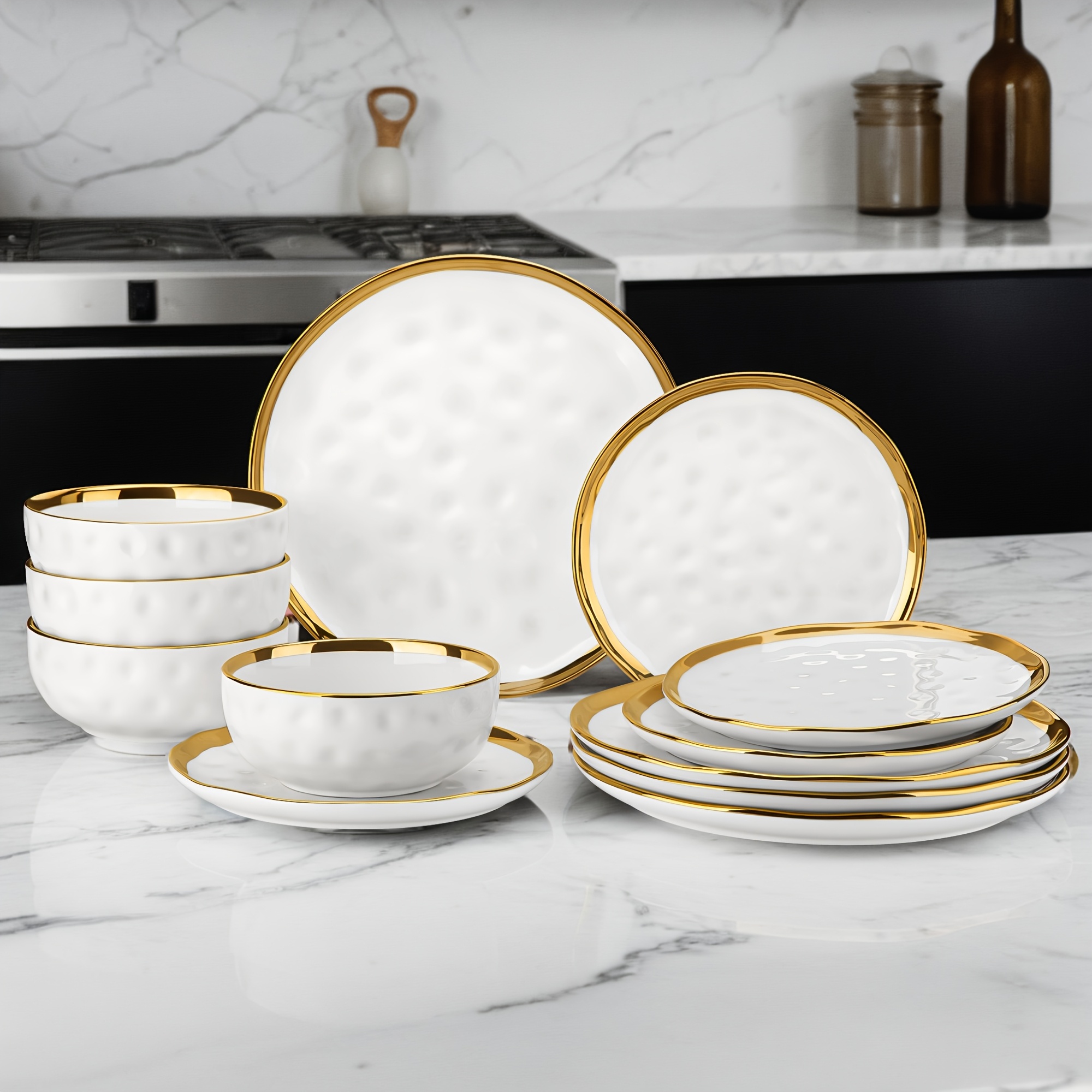 Kitchen Dinnerware Sets For , 12pcs Ceramic Plates And Bowls Set, Dinner Dining Ware Set, Dishwasher Safe Dishes Sets, Dinner Set With Metal Frame, In White