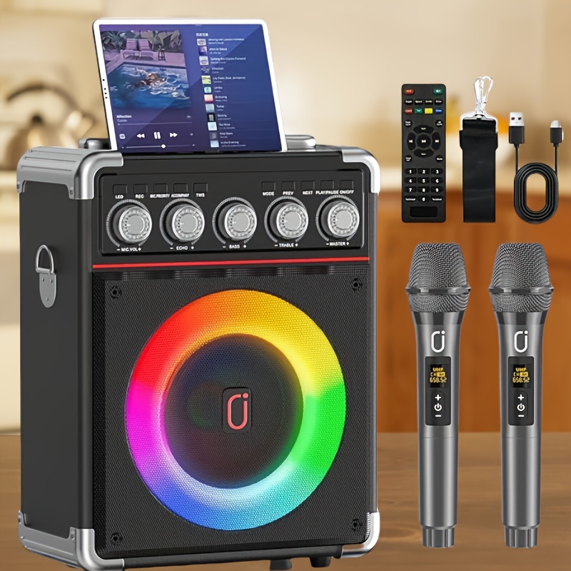   portable karaoke machine with 5 1 surround sound usb rechargeable led lights remote control bt speaker with bass treble adjustment rec usb aux support for adults kids karaoke accessories   durable construction