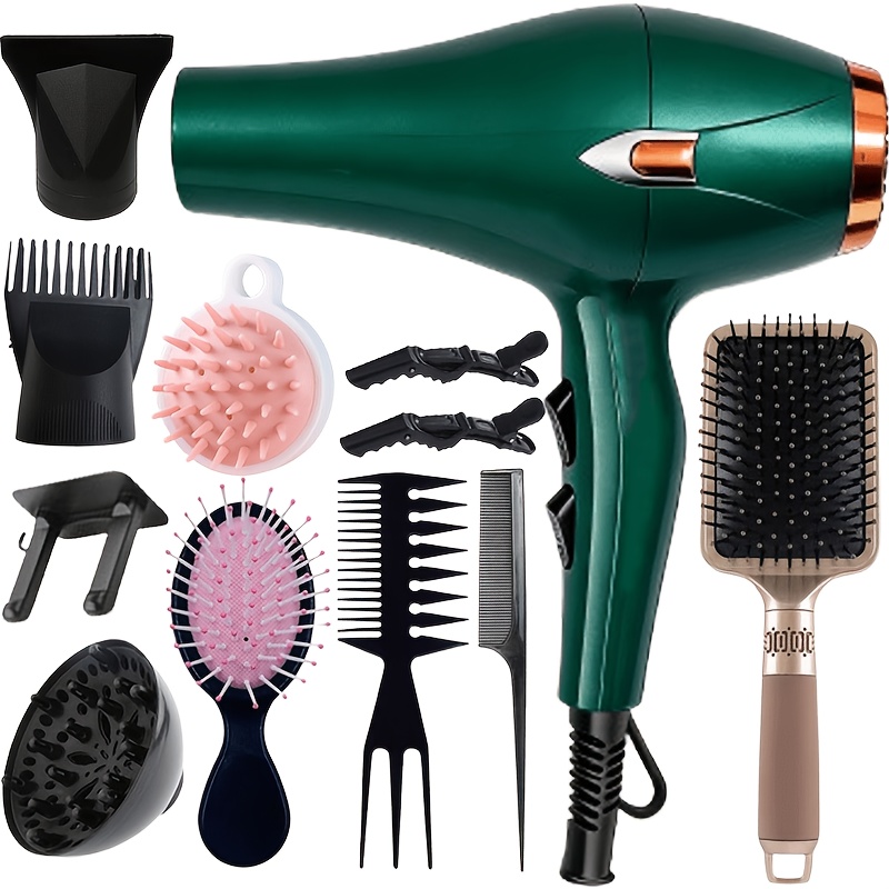 Image of Aisutha 12pcs Green And Dryer Set, Complete With A Concentrator Nozzle, Comb, And Other Additions. 1600w, 220-240v, With Adjustable Air Settings. Perfect For Home Use Or As A Father's Day Gift