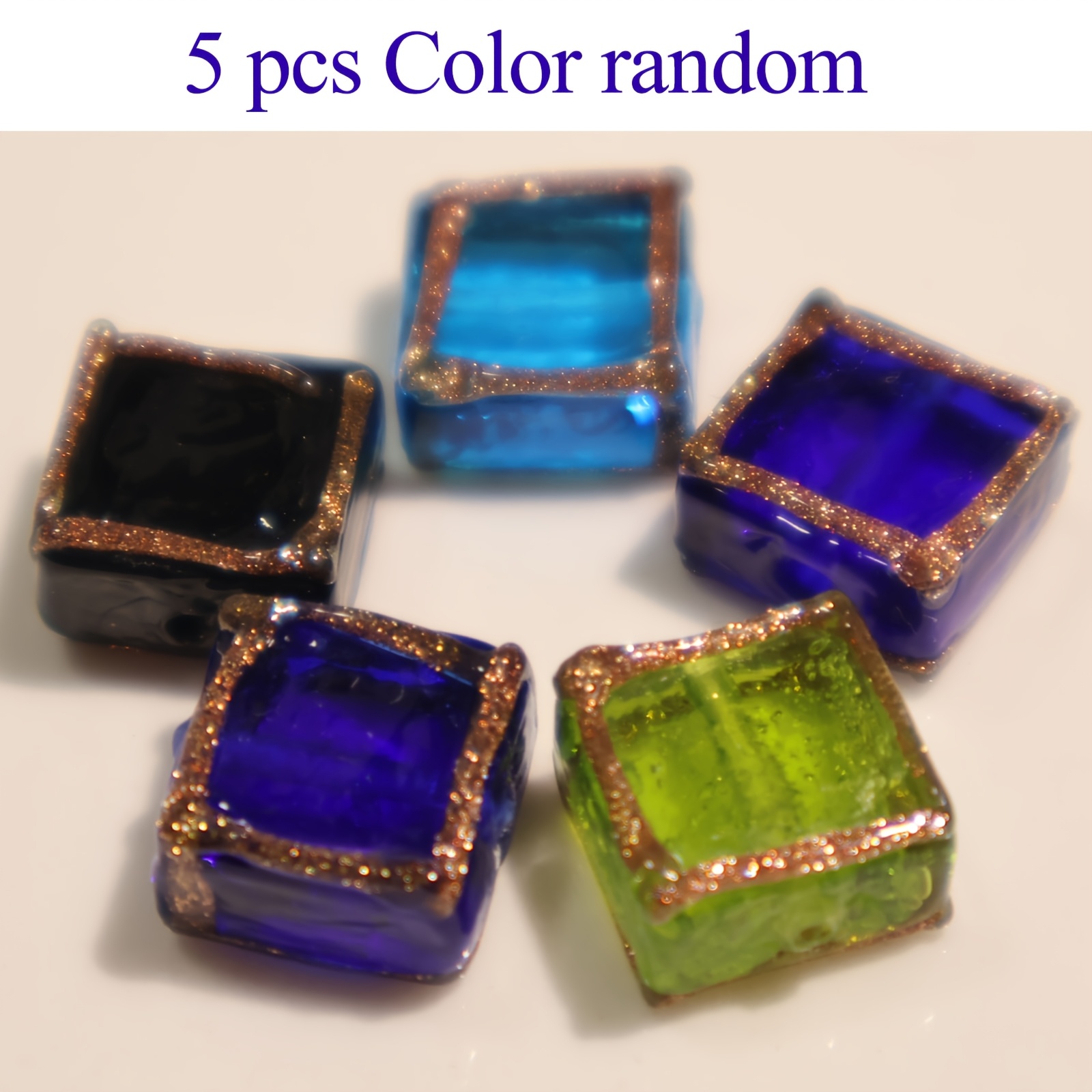 Image of Handmade Glass Series Handmade Glass Square Beads With Golden Edges 5pcs Random Colors, Perfect For Making Bracelets, Necklaces, Earrings And Decorative Additions