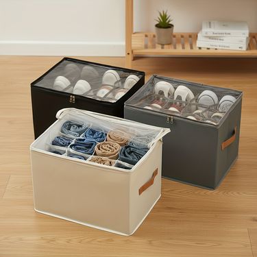 Shoe Cabinet Organizer for Closet, Holds 12 Pairs of Shoes, with Adjustable Dividers and Clear Lid, Shoe Storage Box with Two Reinforced Handles, Grey/Black/Beige Mix