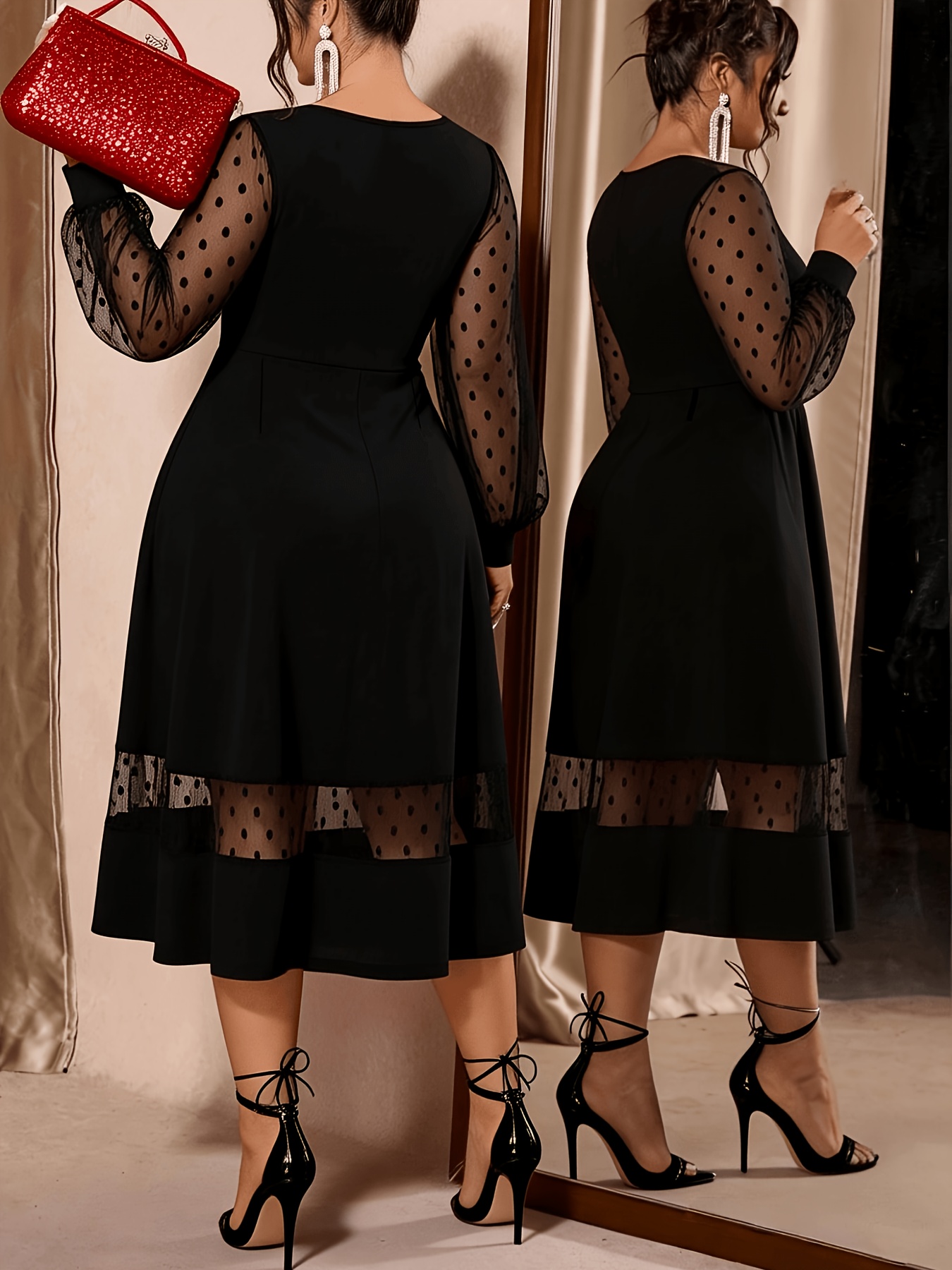  taille - taille - taille col rond transparent élégant robe longue manches longues Détails du produit 4