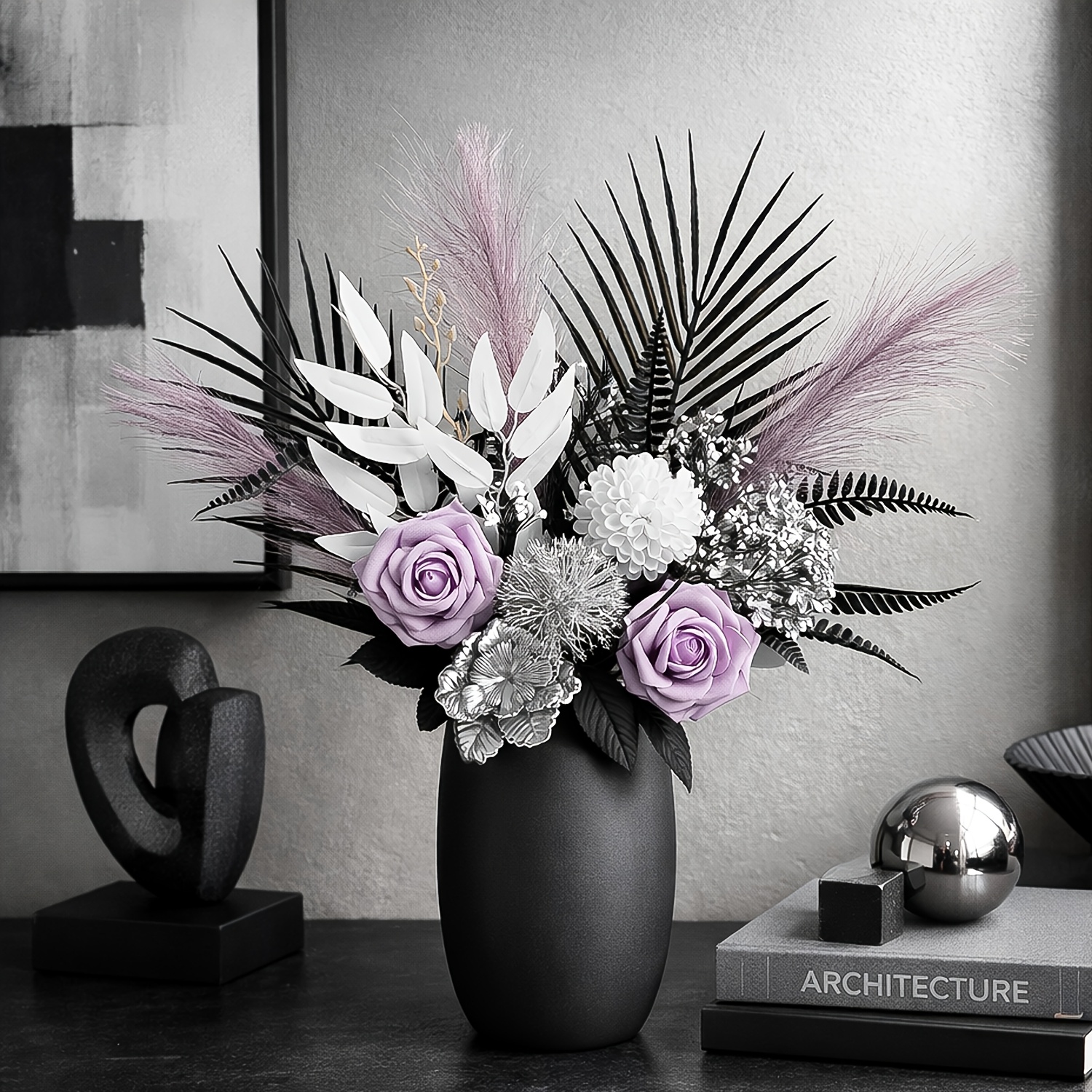 Image of 14pcs Black Golden Cream-style Artificial Flower Bouquet Featuring Of Dark Roses, , And Black Tassels. The Design Includes Creamy White Main Flowers With Black Leaves For -dimensional Layered