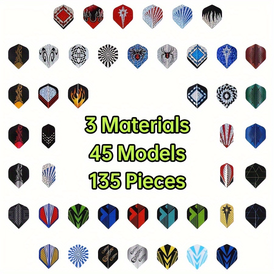 

135pcs Dart Flights, 45 Styles, 3 Materials, Colorful Pet Darts Flights, Durable Pet And Laser And Aluminum Replacement Feather Tail Wings, Dart Games Accessories