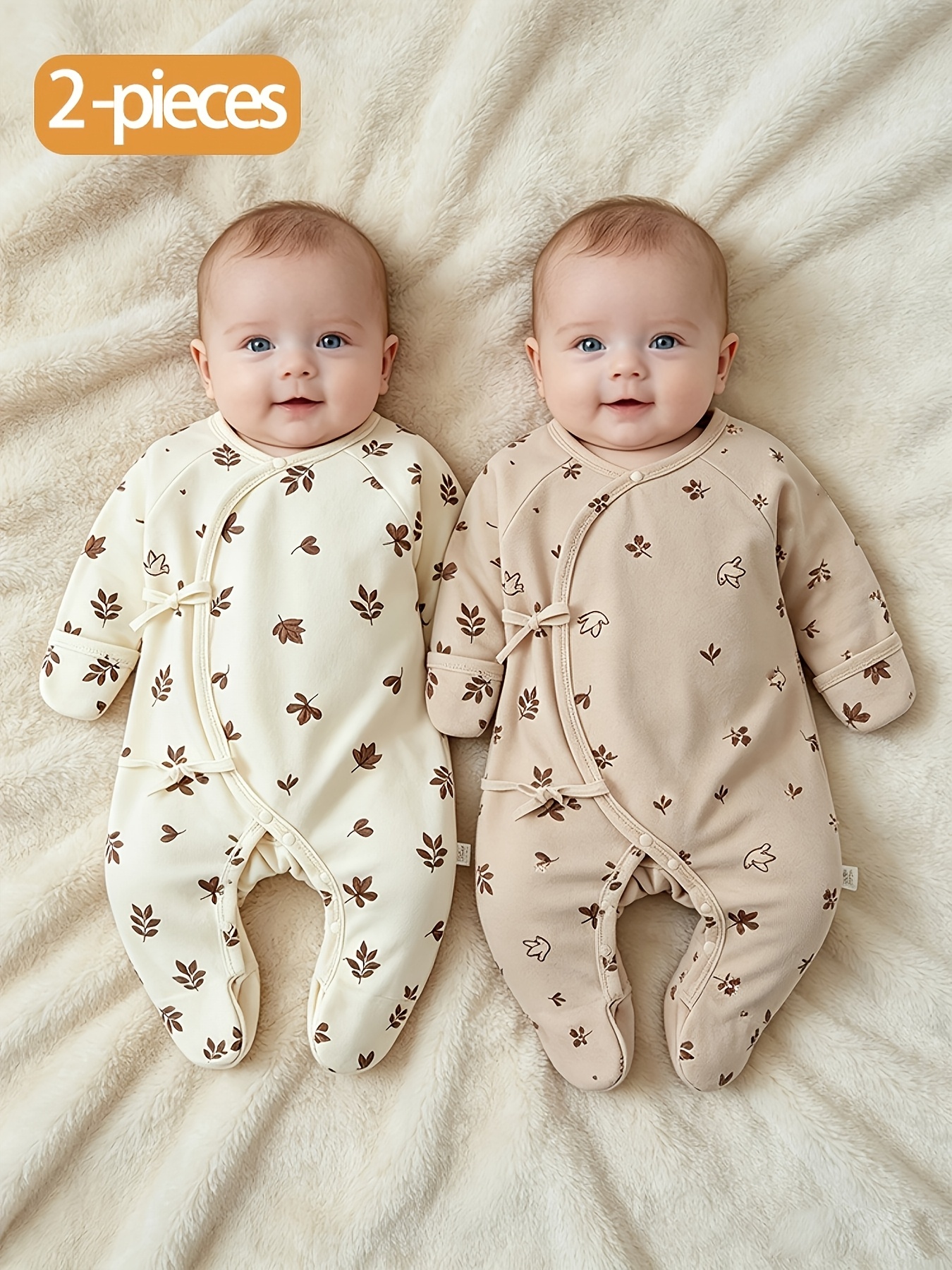 2pcs Baby Jumpsuit Set with Leaf and Bird Pattern