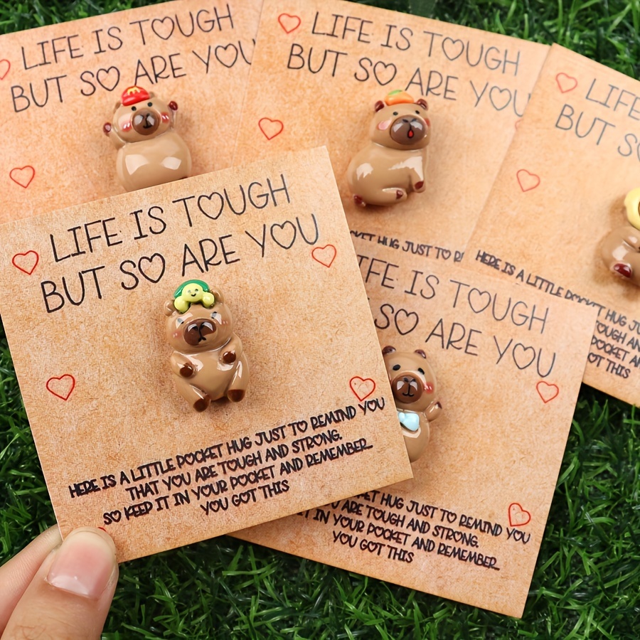 

5pcs Cute Capybara Pocket Hugs With Inspirational Cards - Resin/paper, Ideal For Birthdays, Christmas, Thanksgiving, Anniversaries, And More - Fun And For