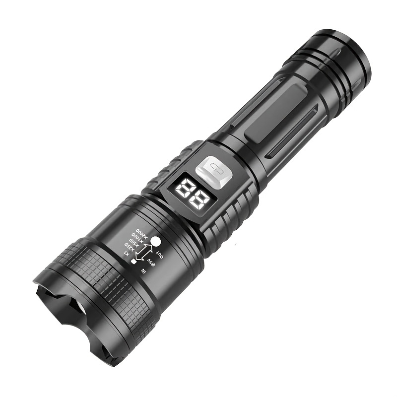 E-shop 3- Zoombare Taktische LED Taschenlampe - Mit Batterieanzeige, Wiederaufladbarer Lithiumbatterie, Ausziehbarer Fokus und Komfortgriff - für