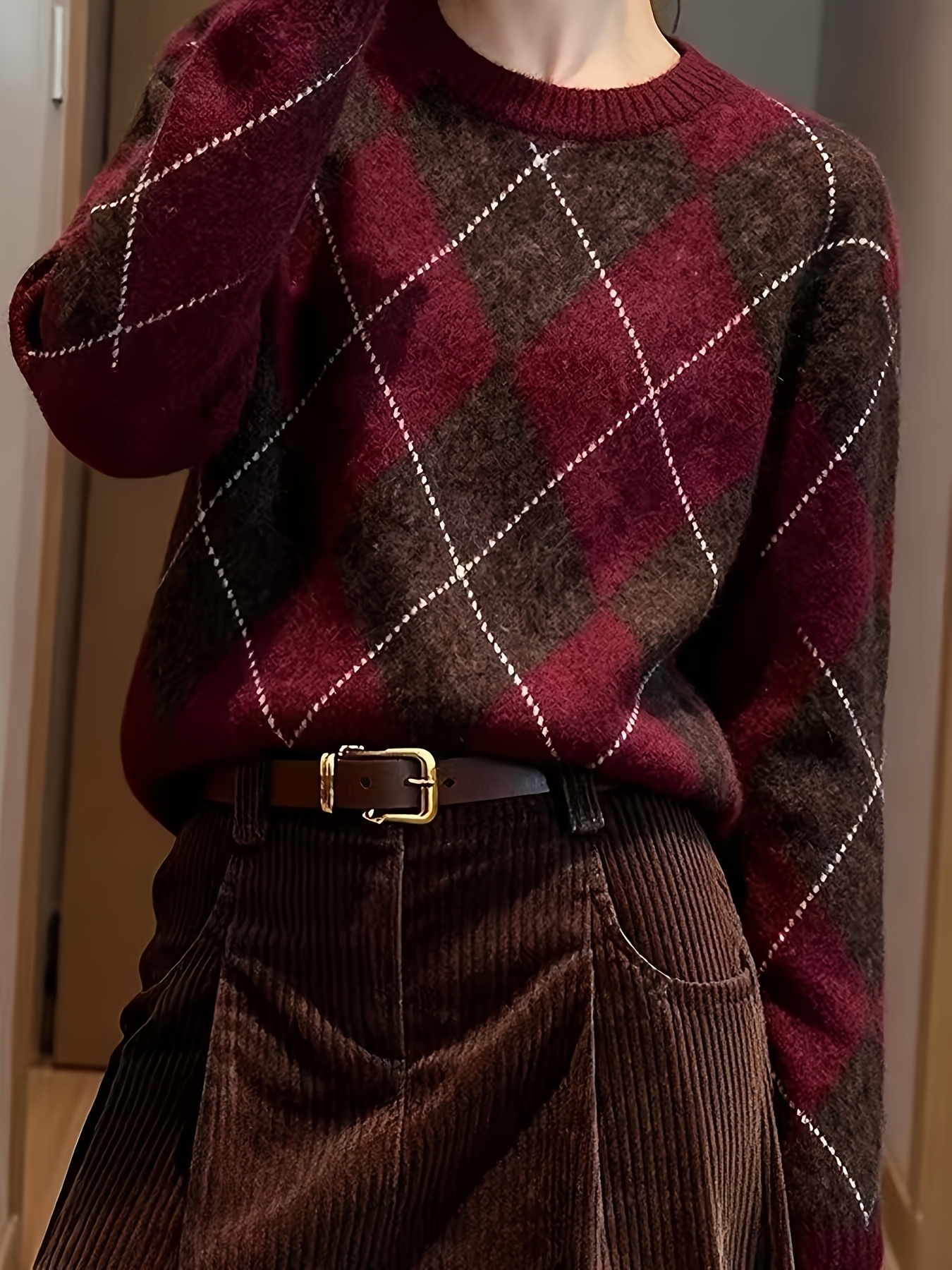 item picture lazy style diamond   round neck sweater autumn winter
