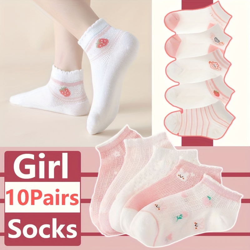 

10 Pairs Of Girl's Cartoon Strawberry Pattern Knitted Socks, Mesh Thin Comfy Breathable Soft Crew Socks For Outdoor Summer Wearing