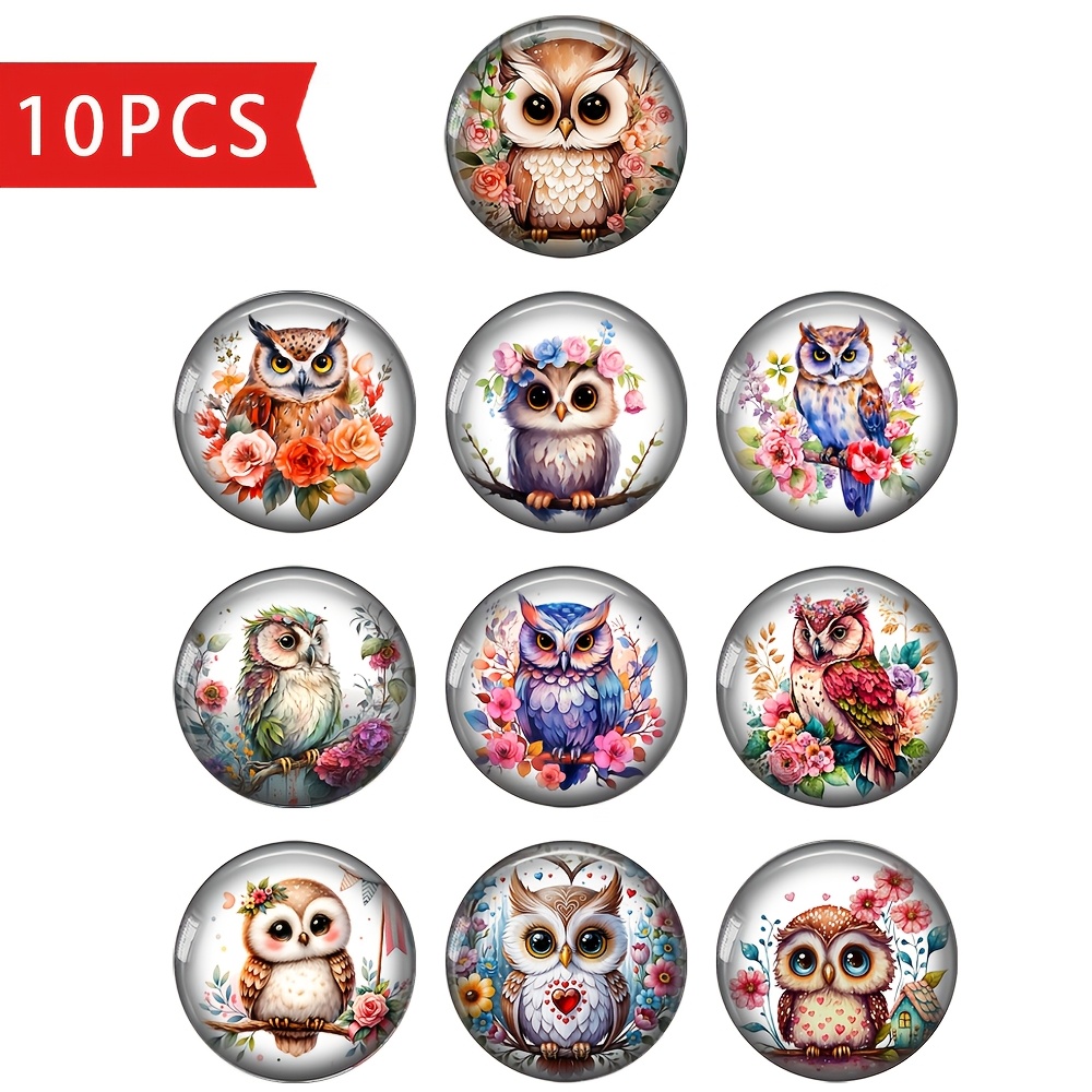 2d Flat - Set Of 10 Adorable Owl Designs In Watercolor, Featuring 20mm/25mm Round Glass Cabochons For Crafting Flat Back Items