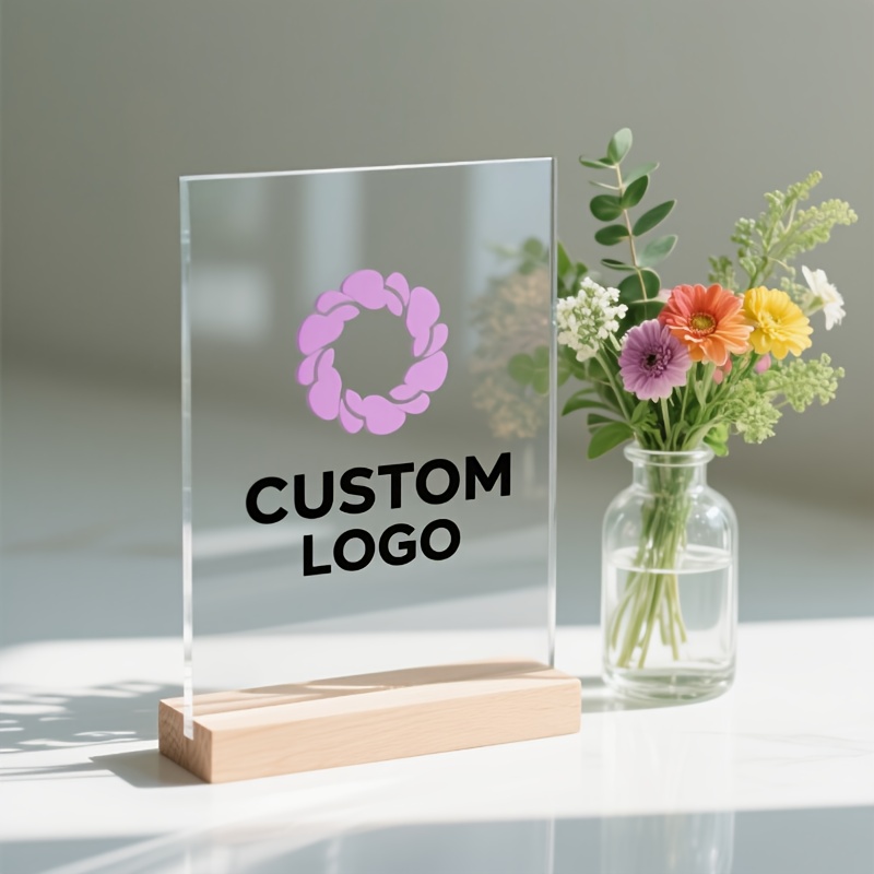TEMU [2D Plat] Plaque Décorative Acrylique Personnalisée avec Marque de l'Entreprise et Photo Personnelle, avec Base en Bois, Parfaite comme Support