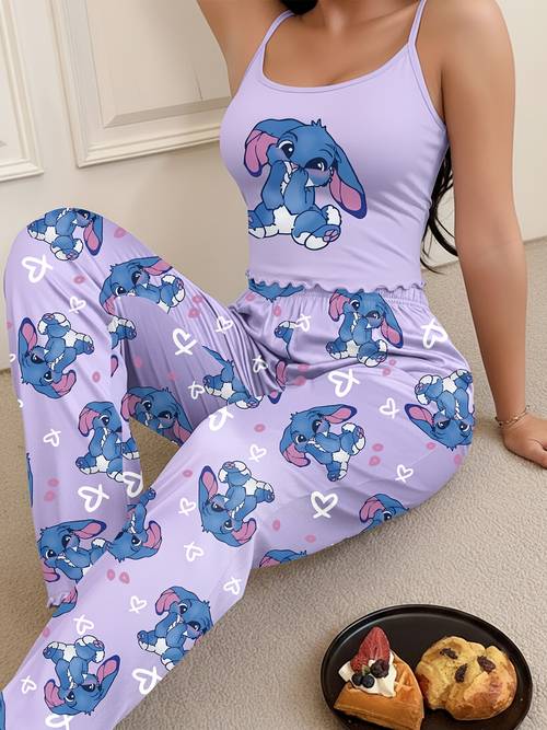 womens summer casual bunny heart print camisole top and bunny full print long pants loungewear set