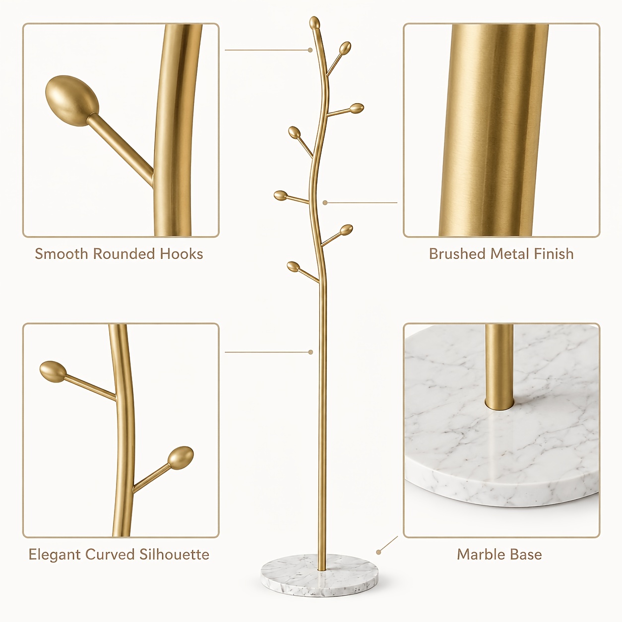 Heavy-duty 8-hook Tree Coat Rack With Decorative Natural Marble Base - Free Standing And Stable, Ideal For And To Hang Bags, Clothes, And Hats