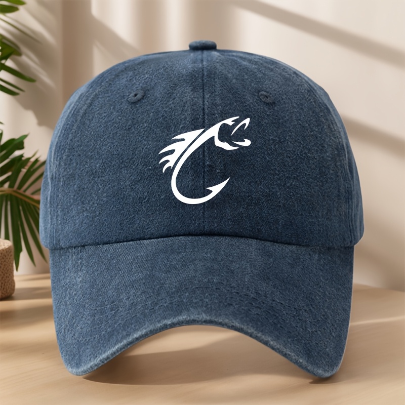 TEMU Makefge Vintage Washed Soft Breathable Fishing Cap With Fish Hook & Trout Print, Outdoor Camping Hat Suitable For Fishing,, Casual Wear -