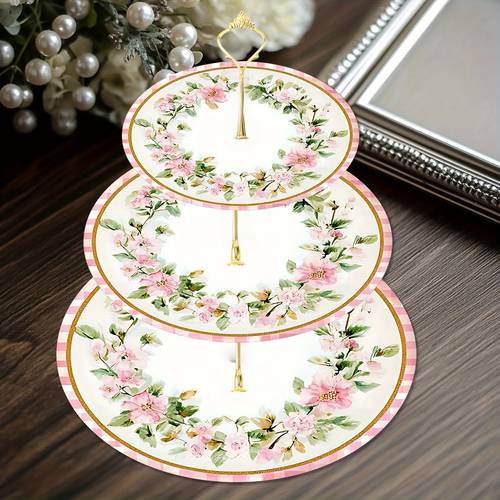multifunctional 2d flat set suitable for 3 layer elegant floral theme wooden display tray rustic multi functional storage rack with golden handles weddings christmas birthdays thanksgiving