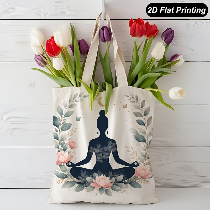 TEMU 1pc Unisex Tote Bag 2d Flat Meditation Lotus Yoga Canvas Handbag Shoulder Bag, Commuter Canvas Bag, Portable Shopping Bag, Student Textbook