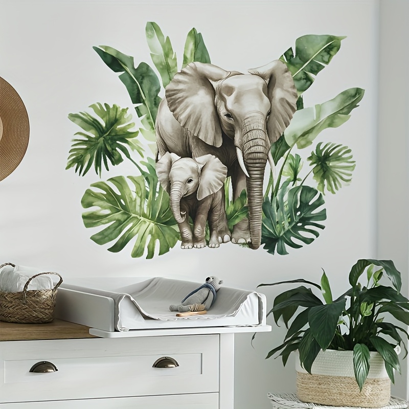 Image of Self-adhesive Elephant Wall Sticker With Tropical Leaves - Removable Pvc Wall Art For Living Room, Hallway, Bedroom Decor - Classic Animal-themed Design, And Remove, Elephant Decor