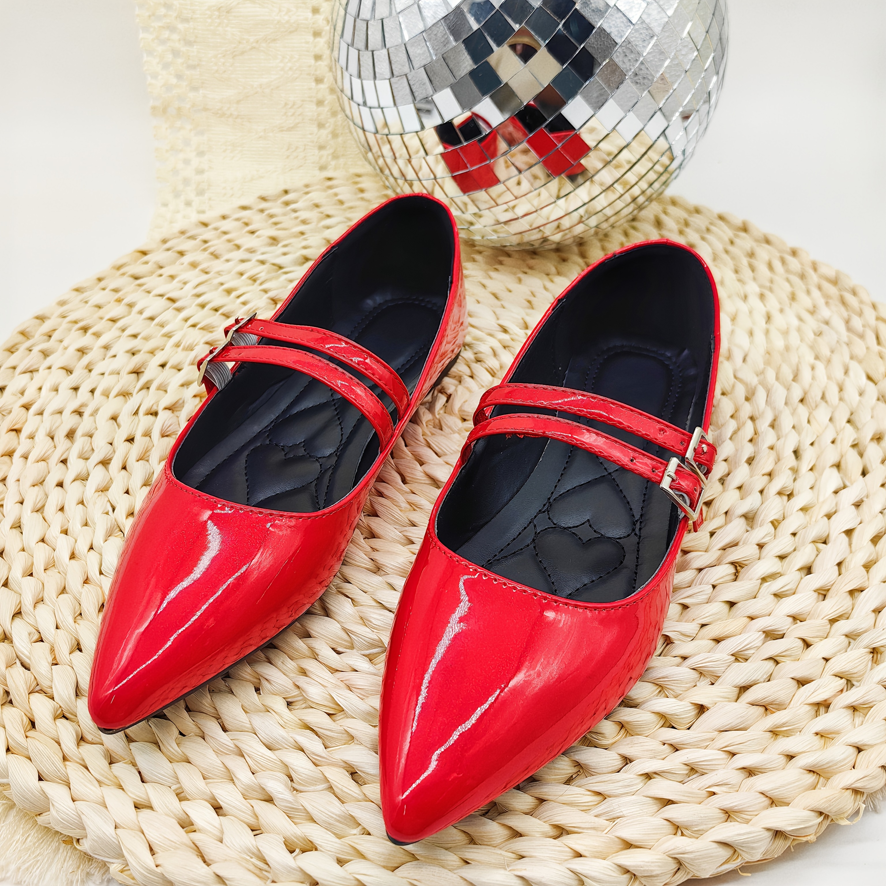 women's retro flats glossy red pointed toe double Temu Australia