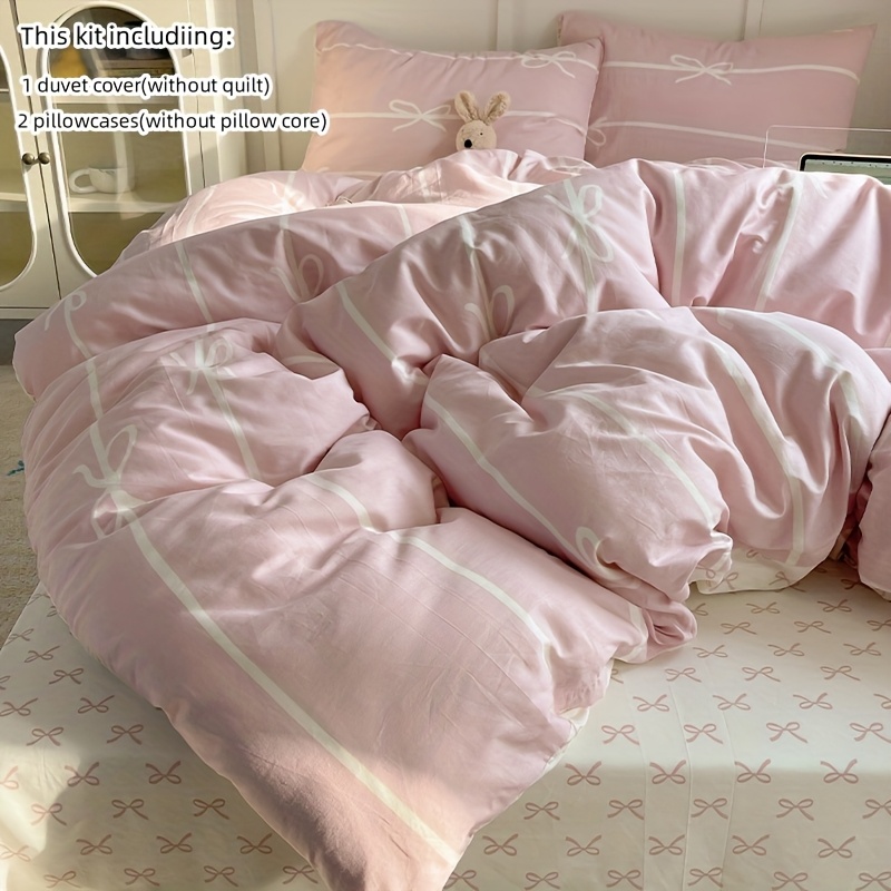 Image of 100% Cotton Bow Print 3pcs Bedding With Duvet Cover And Pillowcases (filling Not Included), Zippered Duvet Cover For Easy Machine Wash, Comfortable And Breathable, Suitable For