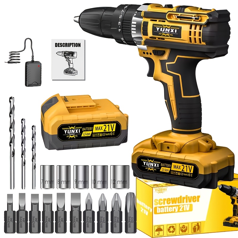 TEMU 21v Cordless Impact Wrench Wireless Drill Set, Brushless Electric Impact Gun Drill, Optional 4000mah Battery, Toolbox, Charger, Socket, And Full