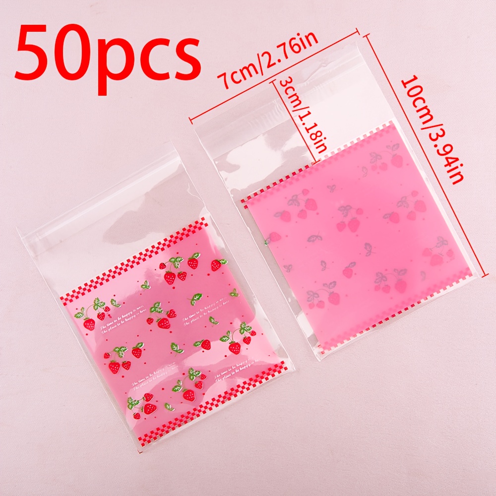 TEMU 50pcs 7x7cm Pink Strawberry Printed Packaging Bags Cute Rose Red Self-adhesive Opp Bags For Making Gift Packaging Supplies