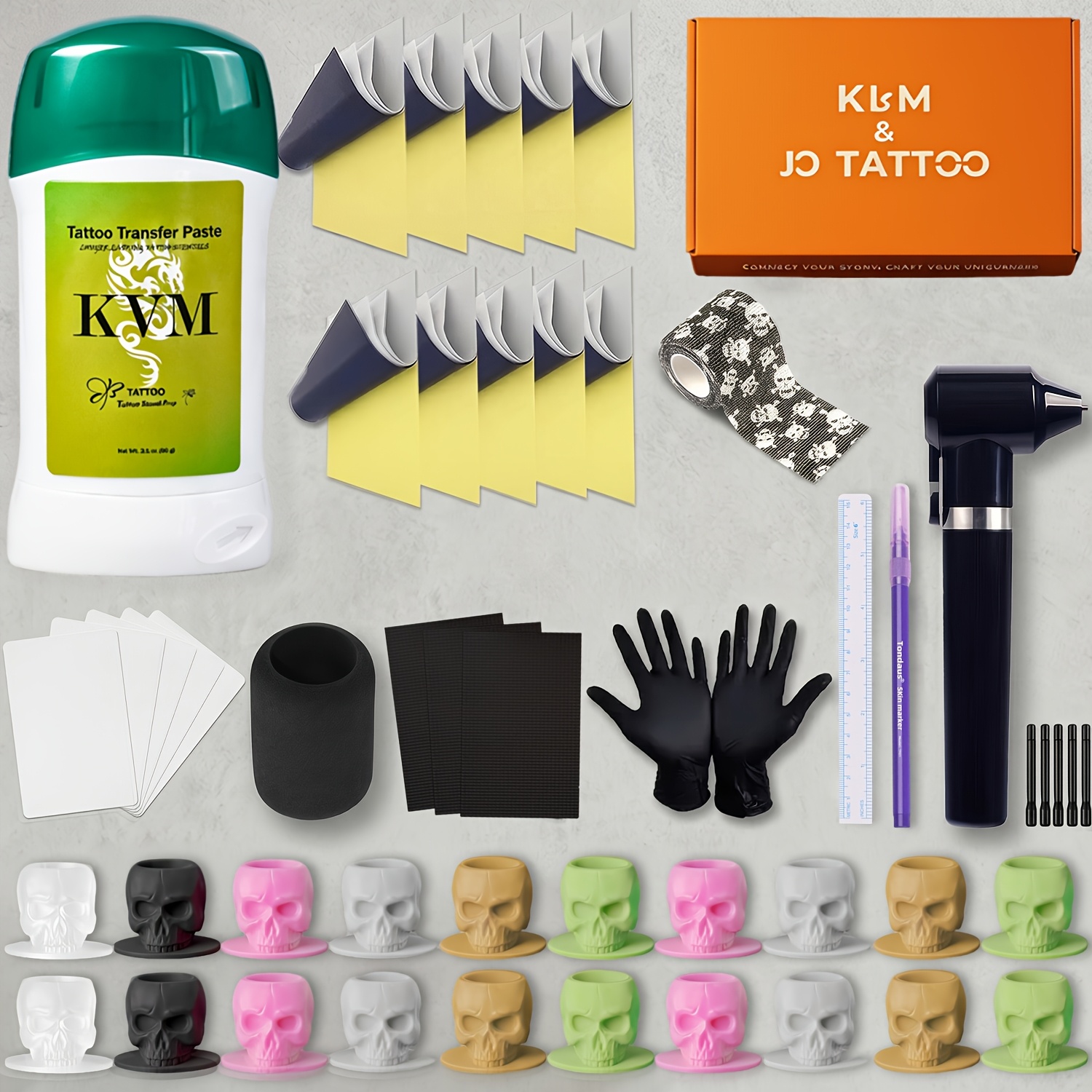 Image of Complete Tattoo Transfer Tool Set - Full Set Of Tattoo Transfer Paste And Consumables; Beginner's Tattoo Starter Kit Including Transfer Paper, -shaped Ink Cups, Gloves, Non-slip , Positioning Pen And