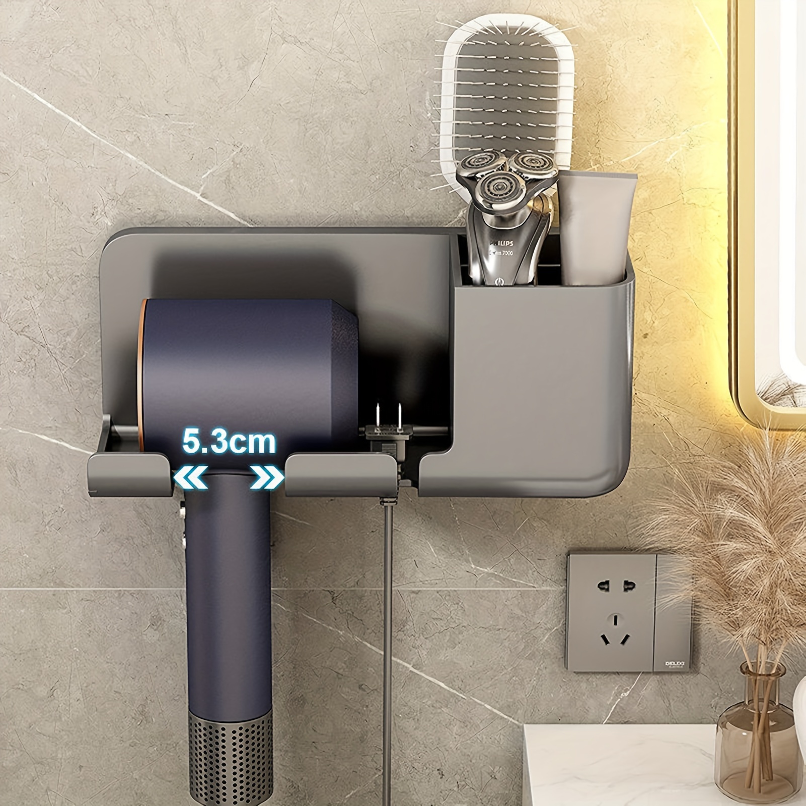 

Hair Dryer Holder Wall Mount Free Punch Hair Appliance Holder With Shelf For Bathroom Accessories