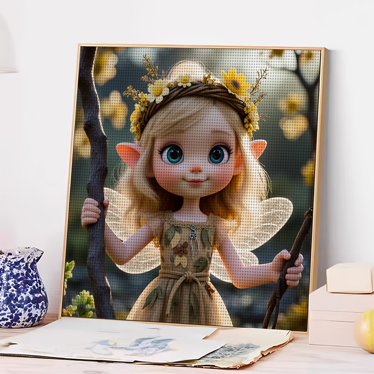 DIY Cross-stitch Printed Kit, Unframed, "Flower Elf Wearing a Wreath" Pattern